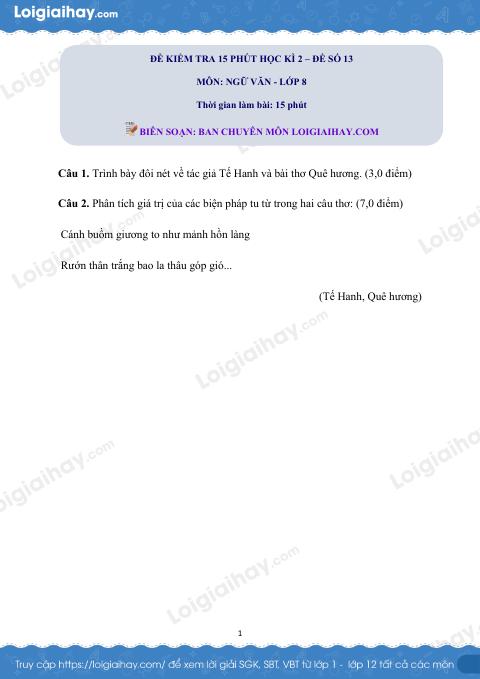 Đề kiểm tra 15 phút Văn 8 - Đề số 13